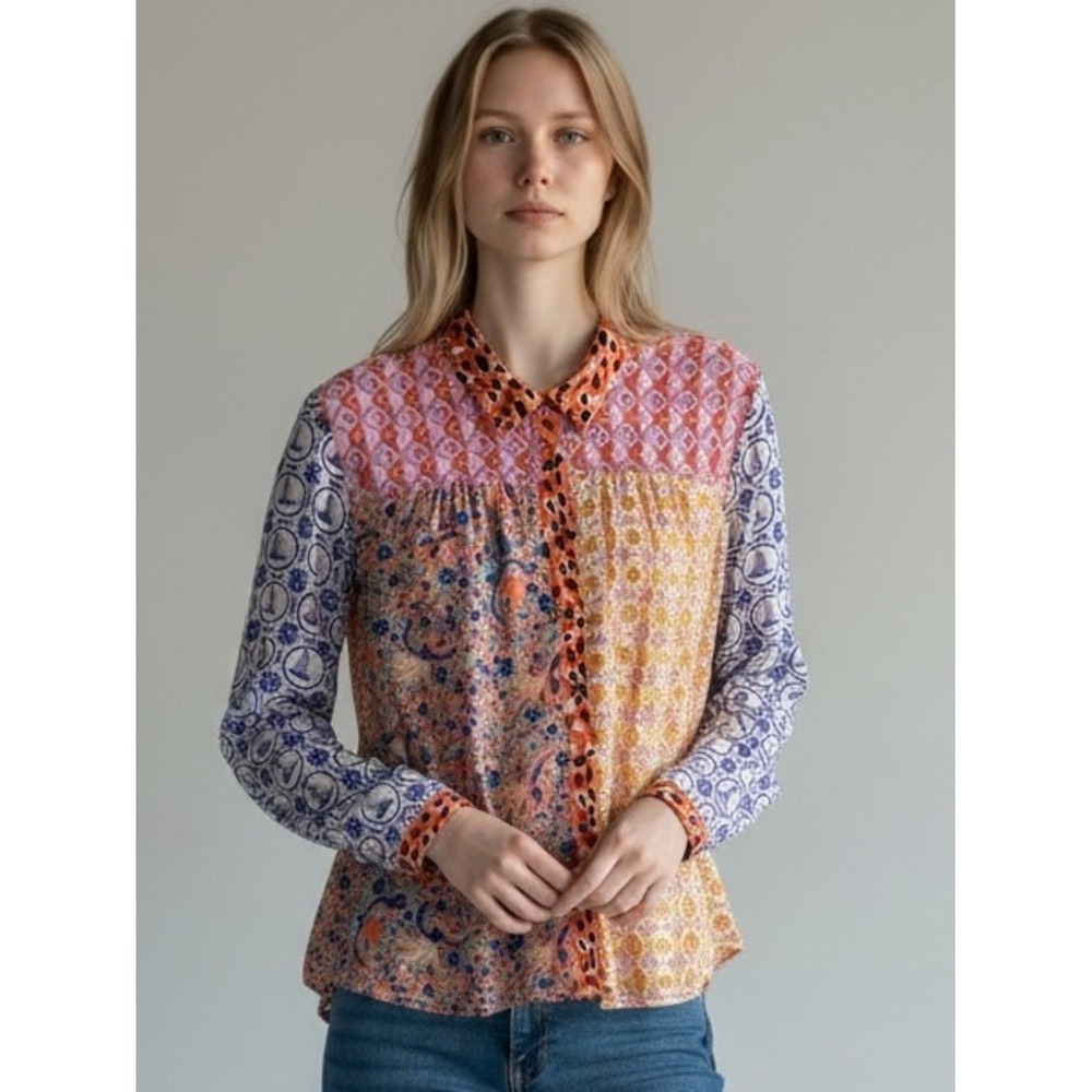Maeve Anthropologie Mixed Print Patchwork Button up Blouse cottage garden europe